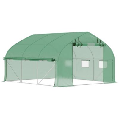 Outsunny Serre de jardin tunnel 10,4 m² - 6 fenêtres et porte zippée avec moustiquaires - acier galvanisé PE Gris - vue 2