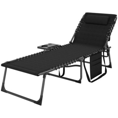 Outsunny Bain de soleil transat pliable inclinable avec poignée, plateau et pochette rangement acier oxford Gris - vue 2