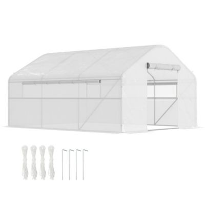 Outsunny Serre de jardin 12 m² - serre tunnel 4 x 3 x 2 m porte 2 grandes fenêtres enroulables maillées acier galvanisé PE Gris - vue 2