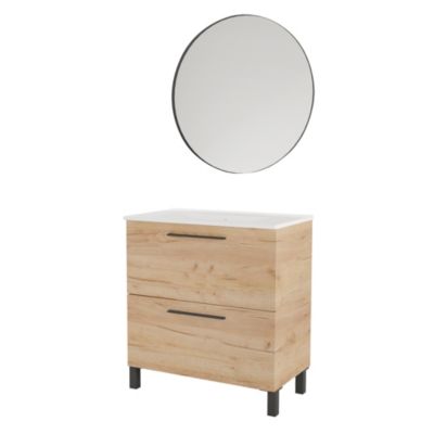 Ensemble sous vasque à  poser effet bois 2 tiroirs + miroir + vasque  l.80 cm  Ondee Soho