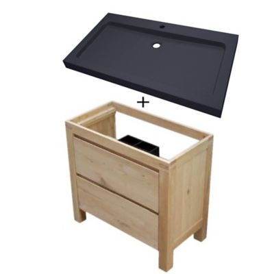 Meuble sous vasque à  poser chêne massif et plaqué chêne l.90 cm + plan vasque en quartz composite  Cooke & Lewis Harmon