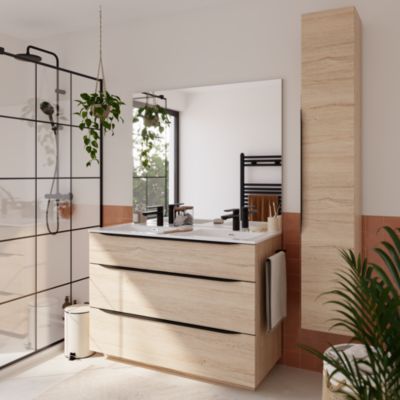 Meuble vasque à poser l.120 cm effet bois + plan double vasque blanc en résine  Pamili