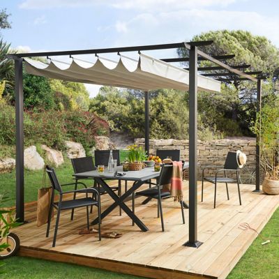 Tonnelle autoportante acier  aluminium et toit rétractable polyester Blooma Moses gris 4 x 3 m