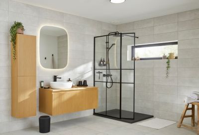 Paroi de douche walk in et volet GoodHome Ahti transparent profilé noir 90 + 28 cm