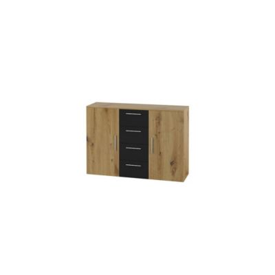 Commode 2 portes et 4 tiroirs 130cm. Collection IRINA imitation chene clair et noir.