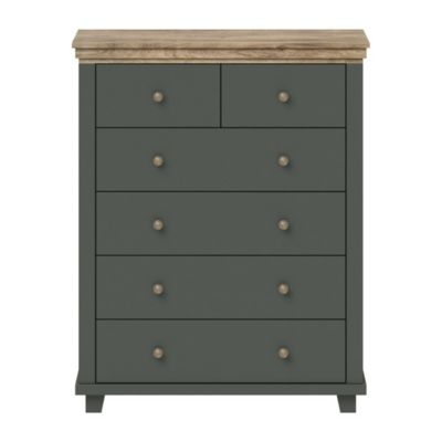 Commode XL design 6 tiroirs. Coloris vert kaki et chene. Collection ASSIA