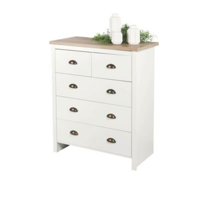 Commode avec 5 tiroirs design colonial  80x39,5xH97,5 cm, coloris blanc et plateau chene clair  Collection MADERA