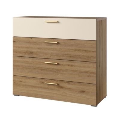 Commode VERTIGO  4 tiroirs  Chene sauvage et beige sable  Poignées dorées