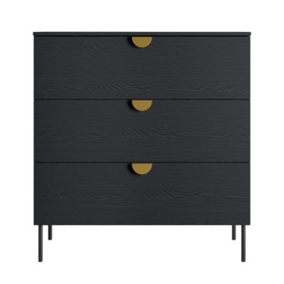 Commode MONDO  Noir structuré et doré  3 tiroirs  Pieds métal  Design moderne et fonctionnel