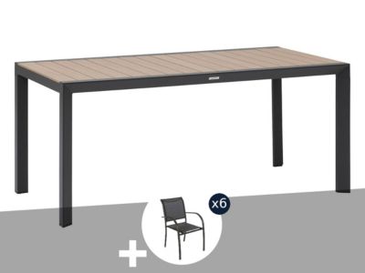 Hesperide Table de jardin rectangulaire alu Evasion 6 places effet bois honey et graphite + 6 fauteuils Piazza