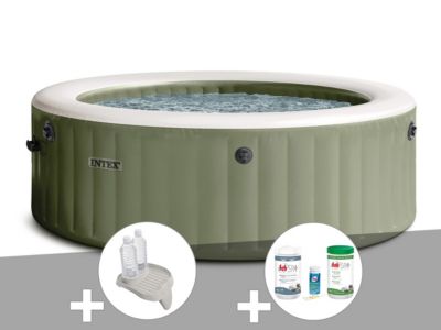 Kit spa gonflable Intex PureSpa rond Bulles 8 places + Porteverre + Kit de traitement brome
