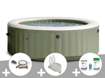 Kit spa gonflable Intex PureSpa rond Bulles 4 places + Kit d'entretien + Porteverre + Kit de traitement brome