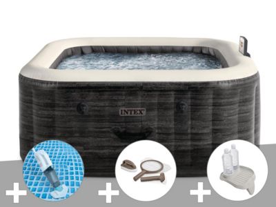 Kit spa gonflable Intex PureSpa carré Bulles 4 places + Aspirateur + Kit d'entretien + Porteverre