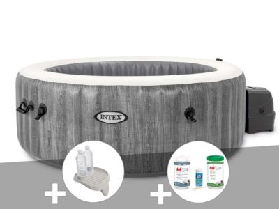 Kit spa gonflable Intex PureSpa Baltik rond Bulles 4 places + Porteverre + Kit de traitement brome