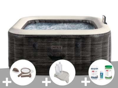 Kit spa gonflable Intex PureSpa carré Bulles 4 places + Kit d'entretien + Porteverre + Kit de traitement brome