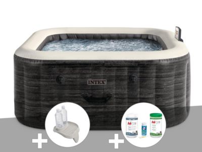 Kit spa gonflable Intex PureSpa carré Bulles 4 places + Porteverre + Kit de traitement brome