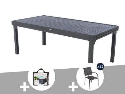 Hesperide Table extensible rectangulaire alu Piazza 10/12 places Graphite + Housse + 12 chaises Piazza