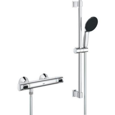 Ensemble de douche avec mitigeur thermostatique pommeau 1 jet barre 60cm et flexible GROHE 34800001 Economie d'eau Chrom