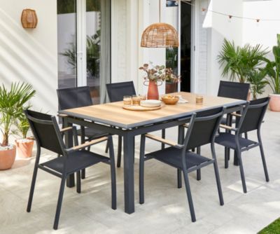 Salon de jardin table et chaises graphite et imitation bois 6 personnes Cubic Proloisirs
