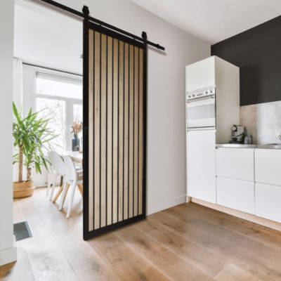 Ensemble porte coulissante Claire-voie noir MDF H.204 x l.83 cm et système de rail rustique