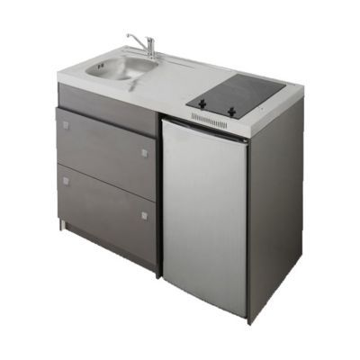Kitchenette Silver grise, casserolier + plan de travail + évier + frigo + plaque vitrocéramique
