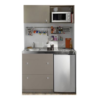 Kitchenette Silver taupe, casserollier + plan de travail + évier + frigo + plaque électrique