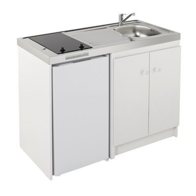 Kitchenette Simply blanche, caisson + plan de travail + évier + frigo + plaque vitrocéramique