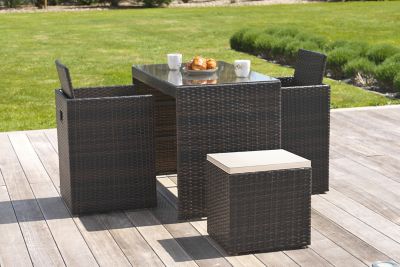 Salon de jardin encastrable résine chocolat - Table + 2 fauteuils