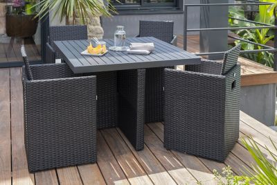 Salon de jardin résine noir - Table + 4 fauteuils