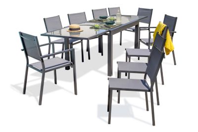 Ensemble table extensible L.135/270 cm et 8 chaises + 2 fauteuils de jardin Tolede aluminium gris anthracite DCB Garden