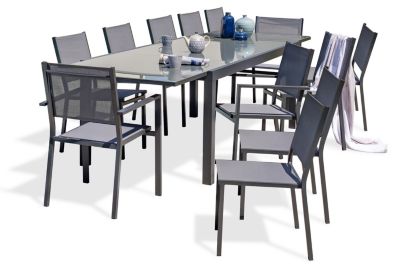 Ensemble table extensible et 10 chaises + 2 fauteuils de jardin Tolede aluminium gris anthracite DCB Garden