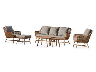 Salon bas de jardin 5 places alu aspect bois teck et corde tissée
