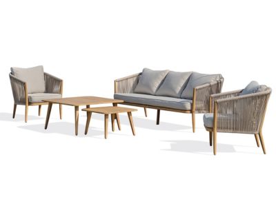 Salon bas de jardin 5 pl en aluminium imitation bois et corde tissée