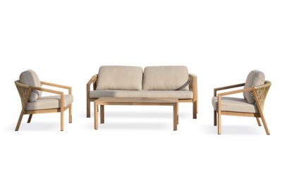 Salon bas de jardin 5 pl en aluminium imitation bois coussins GOYA
