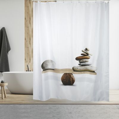 Rideau de douche L.180 x H.200 cm blanc et beige, motifs galets, en polyester Msv Spirit