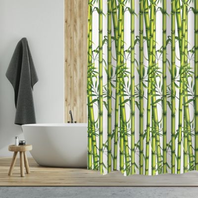 Rideau de douche L.180 x H.200 cm blanc et vert, motifs bambou, en polyester Msv Bambou