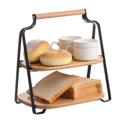 Plateau de rangement 2 niveaux en métal noir et bambou