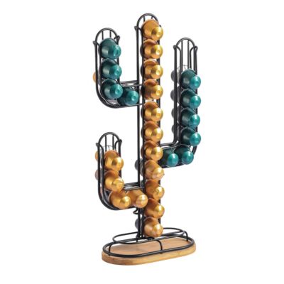 Porte capsules Nespresso Cactus en métal noir et bambou