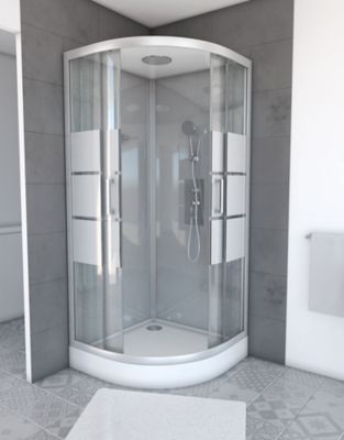Cabine de douche 1/4 de cercle l.90 x L.90 x H.215 cm â€“ structure effet chrome  fond gris  sérigraphie 3 bandes  Galedo River 2 Round