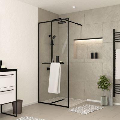 Paroi de douche à l'italienne fixe 100 x 200 cm, noir mat, Galedo Dark Edge Shelf