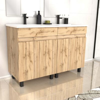 Ensemble sous vasque à  poser effet chêne industriel 4 portes + vasque double blanche  l.120 cm  Galedo Timber