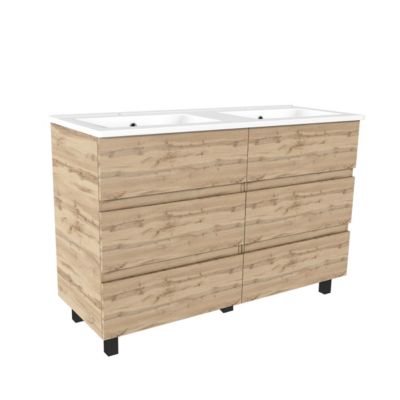 Ensemble sous vasque à  poser effet chêne naturel 6 tiroirs + vasque double noire  l.120 cm  Galedo Timber