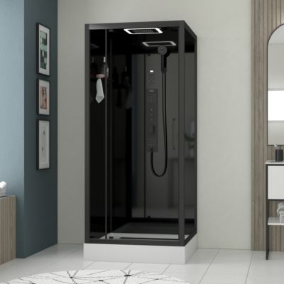 Cabine de douche l.90 x L.90 x H.218 cm â€“ hydromassante connectée  Bluetooth  noir & blanc  Galedo Aura Square