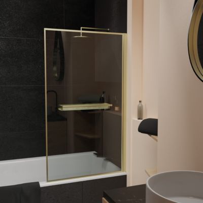 Pare-baignoire rabattable 130 x 75 cm, profilés alu doré brossé, porte-serviette/étagère, Galedo Gol
