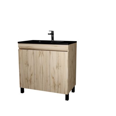 Ensemble sous vasque à  poser effet chêne industriel 2 portes + vasque blanche + 1 miroir, l.60 cm, Galedo Timber
