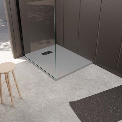 Receveur de douche Gris Effet Pierre 90x120 cm et Grille décor Perforée Noire Mate
