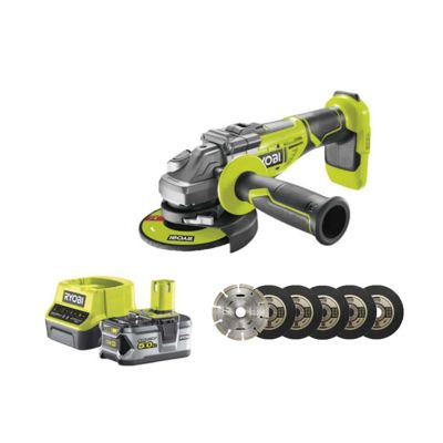 Pack RYOBI meuleuse d'angle brushless 18V One+ R18AG7-0 - 1 batterie 18V 5.0Ah - 1 chargeur rapide - kit de 6 disques 125 mm