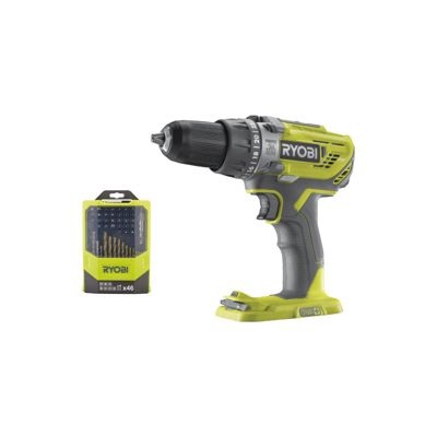 Pack RYOBI Perceuse à percussion R18PD3 0 18V One+ sans batterie ni chargeur Coffret 46 accessoires mixtes RAK46MIX