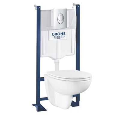 Pack WC suspendu sans bride Bau Ceramic + abattant + plaque chromée + bâti Grohe