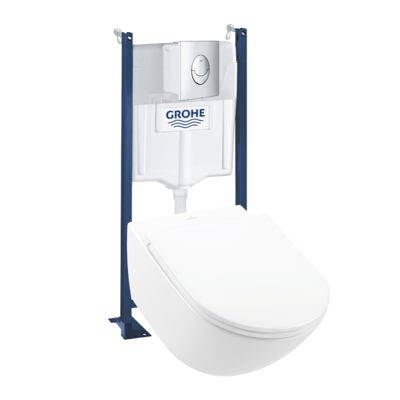Pack WC suspendu VILLEROY & BOCH Universo TwistFlush + Abattant + Bâti support mur GROHE + Plaque chromé